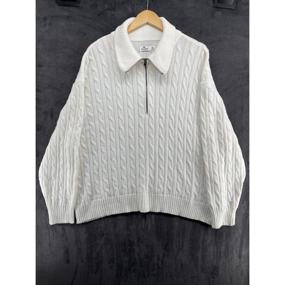 Hollister Women XL White Cable Knit Quarter Zip Oversized Sweater Cotton Blend